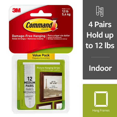 Command Damage-Free Medium Picture Hanging Strips, 12 Pairs (24 (Best Wall Hanging Adhesive)