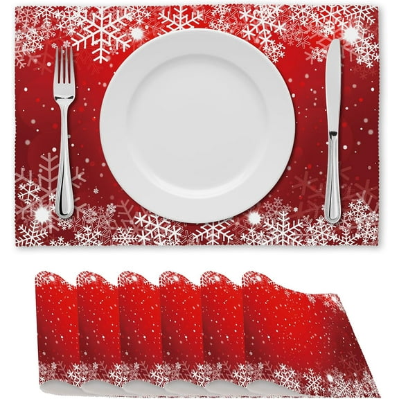 Traditional Red Christmas Linen Table Placemats Set of 6, 12x18 Inch Square Placemats with Snowflakes, Non-slip Washable Placemats Dinner Plate Mats for Christmas Table Decorations