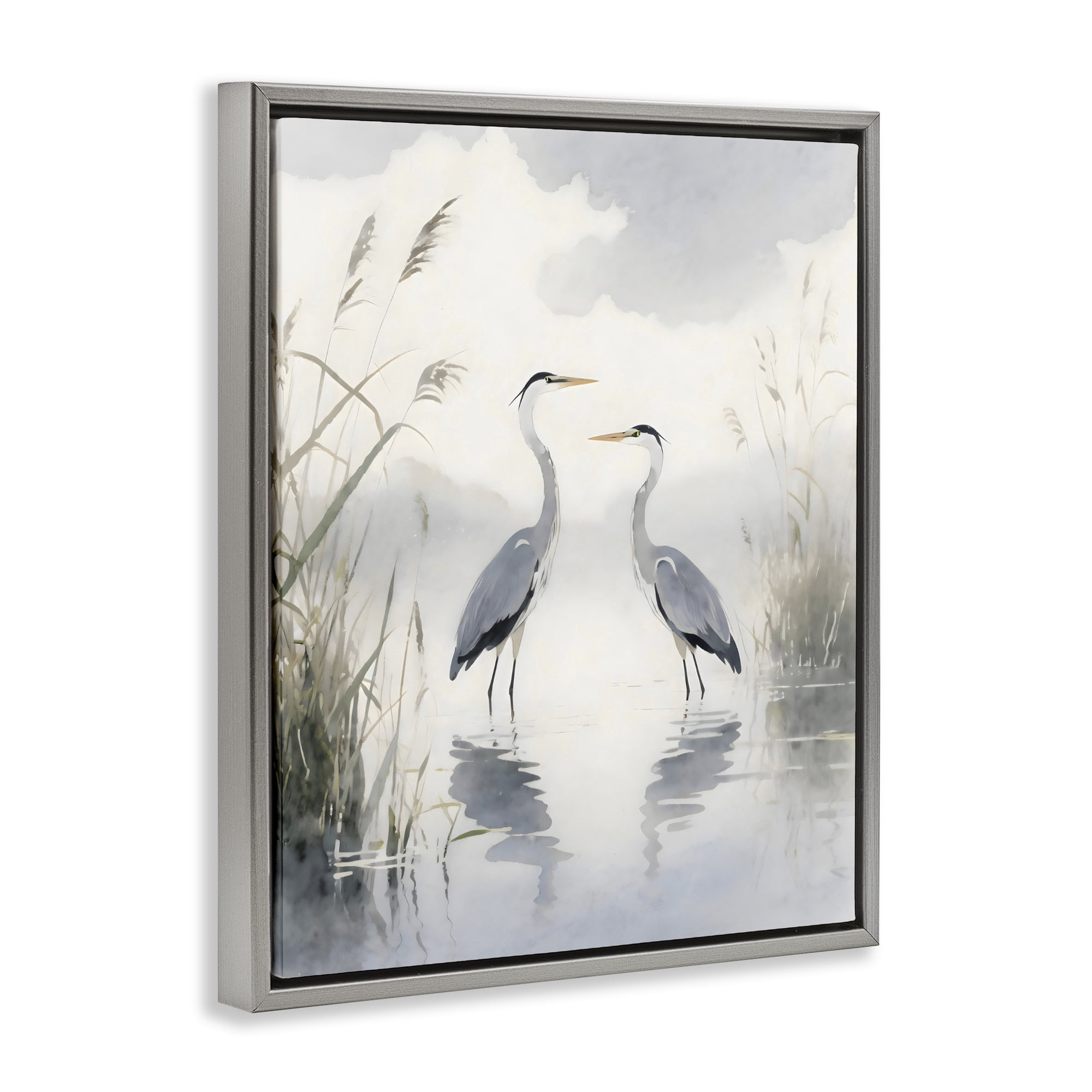Stupell Industries Serene Wetlands Heron Reflections Gray Framed Floater Canvas Wall Art, design by Creative Studio