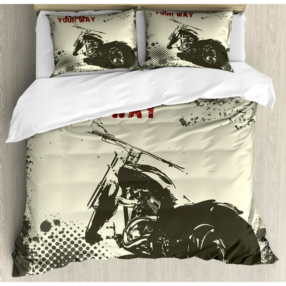 Adventure Duvet Cover Set, Ride Your Way Words Motorcycle Image Poster Art Print, Decorative 3 Piece Bedding Set with 2 Pillow Shams, Calking Size, Charcoal Grey Maroon, by Ambesonne