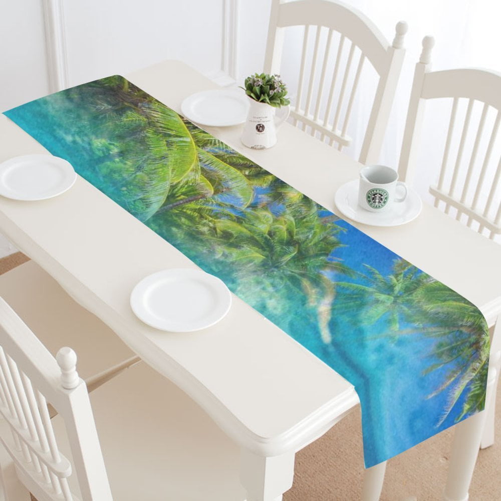 MYPOP Tropical Palm Trees Table Runner Placemat 16x72 inches, Ocean Sea Waves Table Linen Cloth