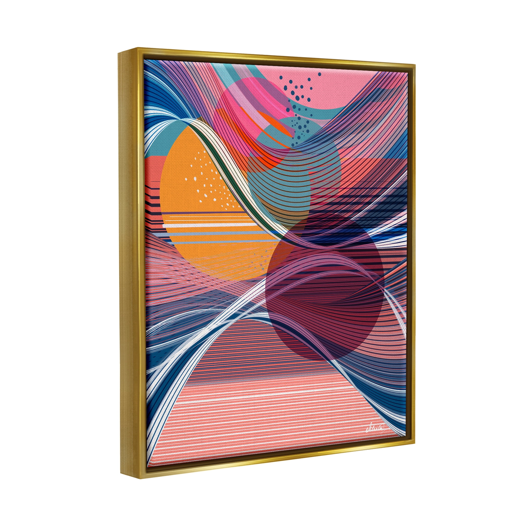Stupell Industries Waves & Circles Abstraction Abstract Painting Gold Floater Framed Canvas Art Print Wall Art, 25 x 31