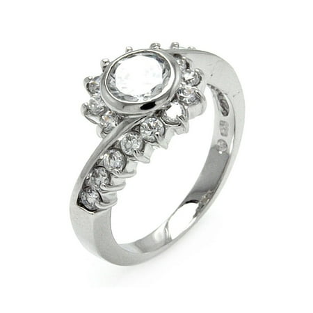 Bezel Set Flower Clear Round Bezel Set Center Cubic Zirconia Flower Style Ring Rhodium Plated Sterling Silver Size 7 ()
