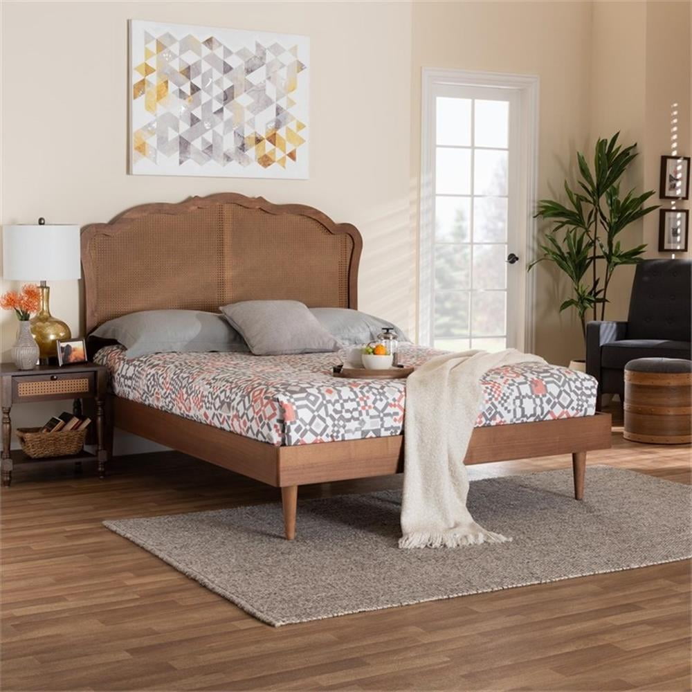 Baxton Studio Camden Walnut Brown Wood and Rattan King Size Platform Bed