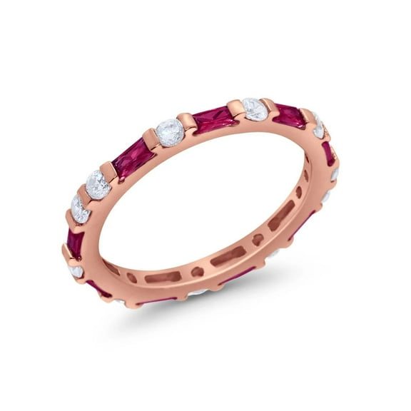 Baguette AND Round Cut Lab-Created ruby and Moissanite bar set full Eternity Wedding BAND Ring in 925 Sterling Silver for Her