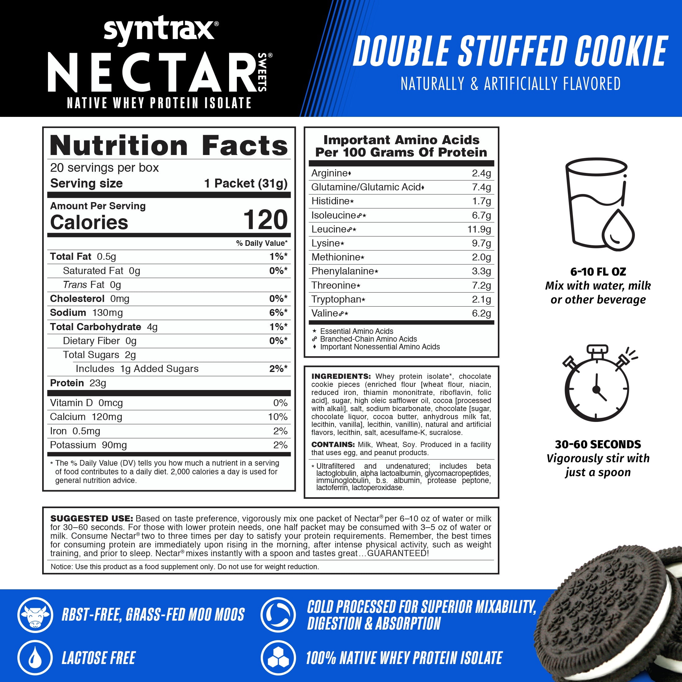 Syntrax Nectar Grab N' Go, 100% Whey Protein Isolate Protein Powder, Double Stuffed Cookie, 20 Packets (28g/packet), Real Cookie Pieces