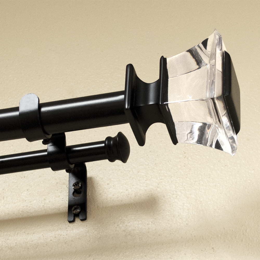 Lumino 1" and 5/8" Black/Acrylic Alice Square Adjustable Double Curtain Rod Set, 42"-120"