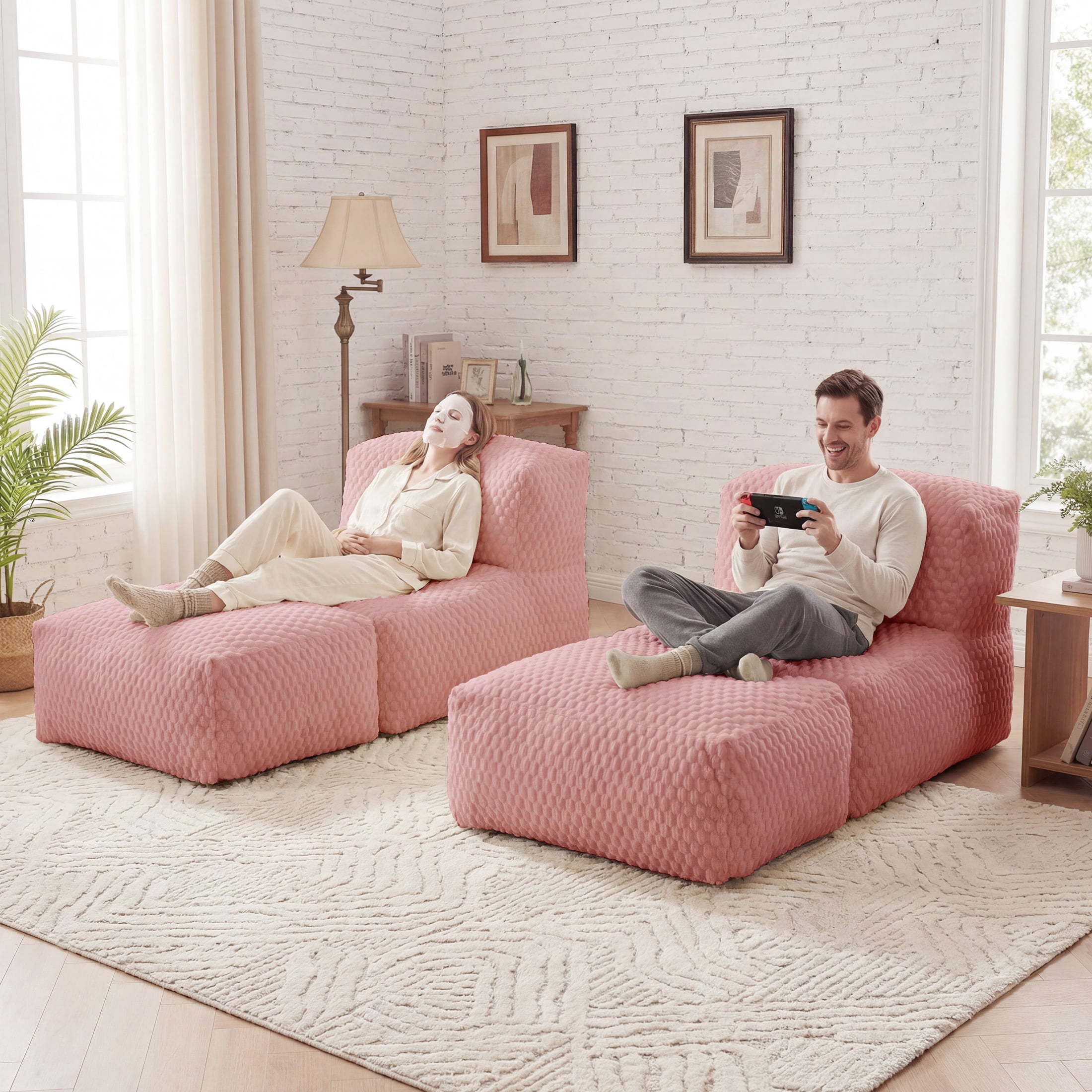 Poshby Big Bean Bag Lounger Chair for Adults, Large Flannel Plush Beanbag Sofa Chair for Living Room or Bedroom, Pink