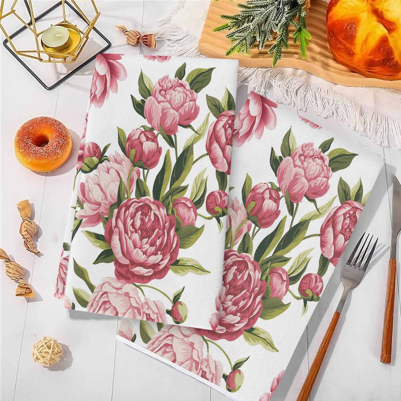 Dish Towels, Pink Rose Floral Absorbent Kitchen Towels 2 PCS, Leaves Flowers Microfiber Hand Towels Dish Cloths Tea Towels for Home&nbsp;Bathroom Cleaning Drying,18X28-Inch,