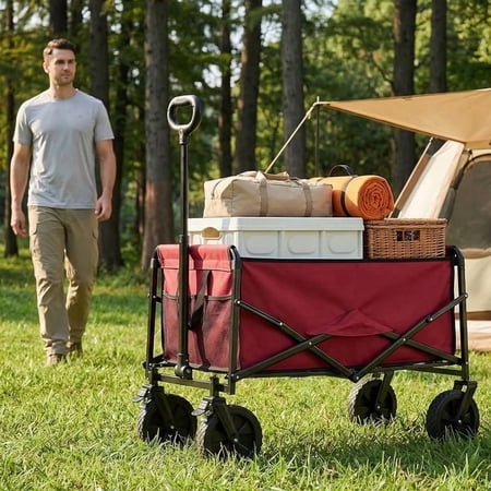 Nextay Wagon, 330 lbs Heavy Duty Folding Cart with Lockable All-Terrain Wheels & Adjustable Handle for Beach, Camping, Garden, Red