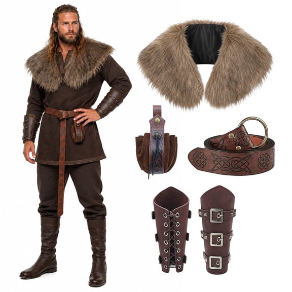 Bulex Medieval Viking Costume Accessories for Men, Faux Fur Shoulder Collar, Belt, Waist Pouch, Bracers for Renaissance Fair LARP Outfit for Adult