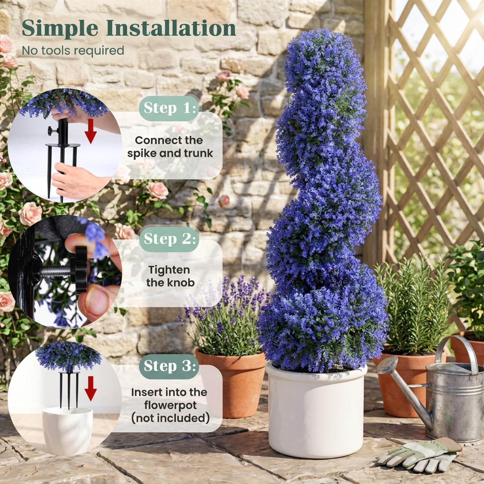 Vebreda Artificial Plant Decor, Set of 2 Artificial Spiral Topiary Trees with Sun Protection and Ground Spikes, Lifelike & Chic Design