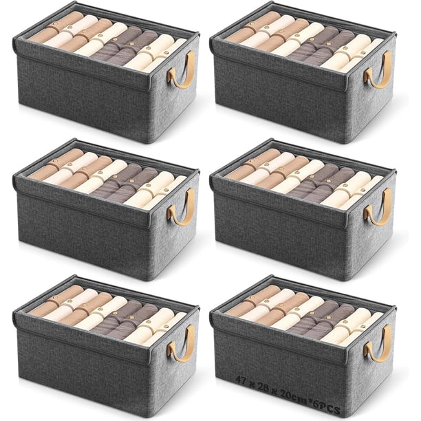 6pcs Cajas de Almacenamiento, Cajones Organizadores, Organizadores y Cubos de Almacenaje Apilables y Abatibles con Asas y Ventana y Estructura Acero,Contenedor de Ropa para Ropa (gris)