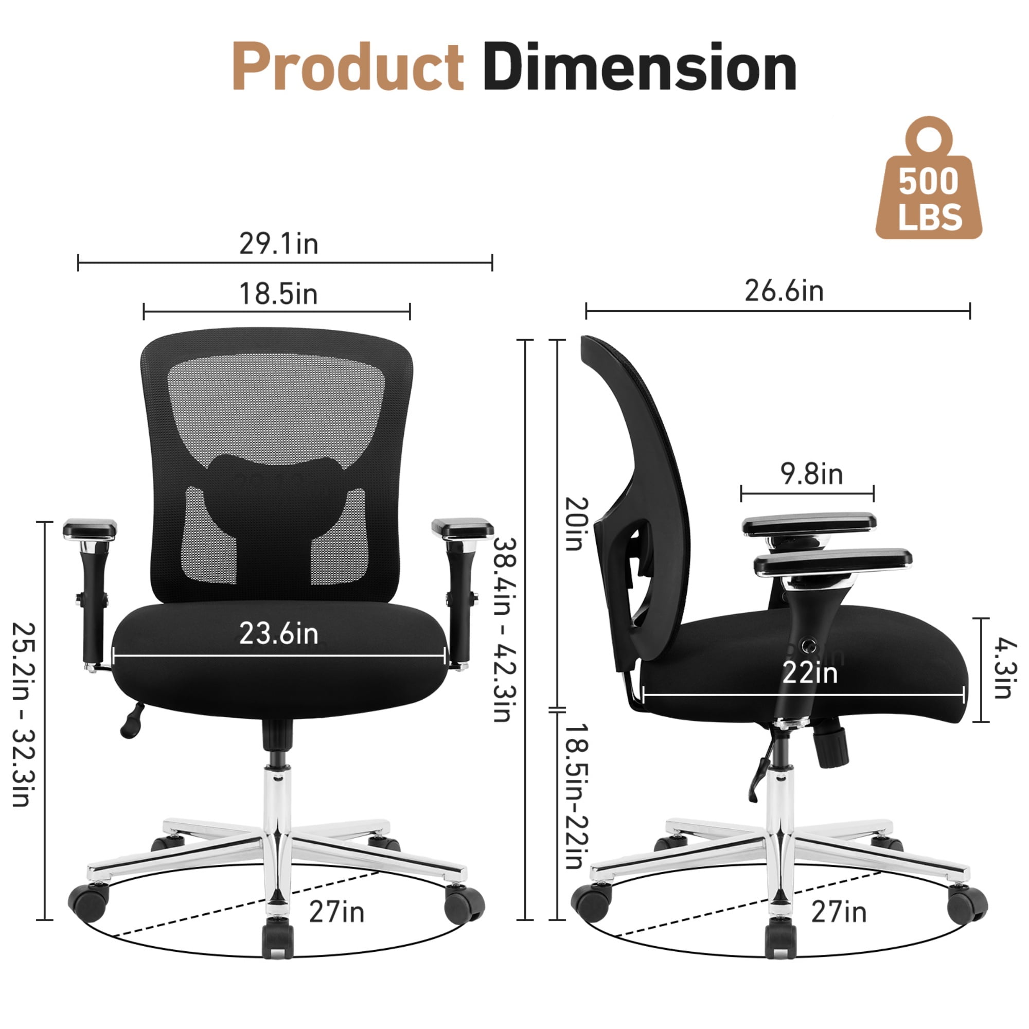EDX Ergonomic Office Desk Chair 500lbs, Heavy Duty Computer Chair with Adjustable Armrest, Computer Executive Desk Chair , Lumbar Support, Black