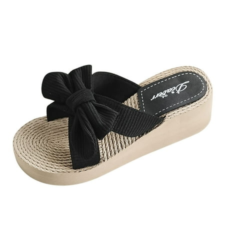 

Cathalem Sandals Bow And Casual Fashion Beach Summer Slippers Wedge Spring Women s slipper Furry Boot Slippers for Women Indoor Black 6.5
