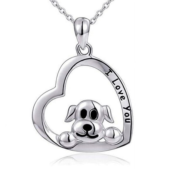 925 Sterling Silver 'I Love You' Heart Dog Pendant Necklace for Her 18" Sterling Silver Box Chain Anniversary, Birthday, Christmas, Engagement, Graduation, Mother's Day