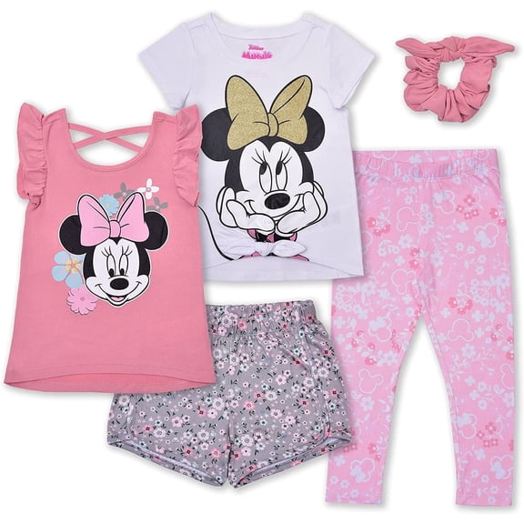 Minnie Mouse Girls 4 Piece Set; 2 Short Sleeve T-Shirt, Shorts, Leggings and Scrunchie for Kids