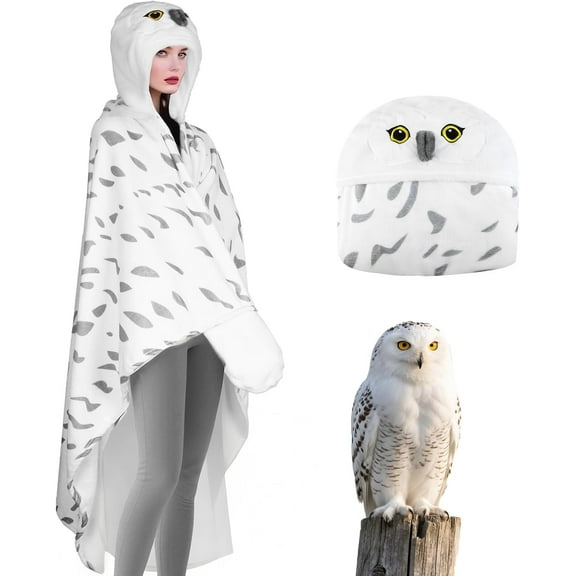 Snowy Owl Wearable Hooded Blanket Adult Gift - Cozy Blanket Hoodie Cape Throw for Women Men, Birthday Holiday Presents