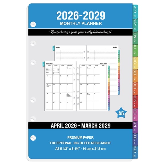 OMEYA Monthly Planner Inserts 2026–2029, 36 Month A5 Planner Refill (Apr 2026–Mar 2029), 5.5 x 8.5 6-Hole Planner Binder Inserts with Colorful Tabs