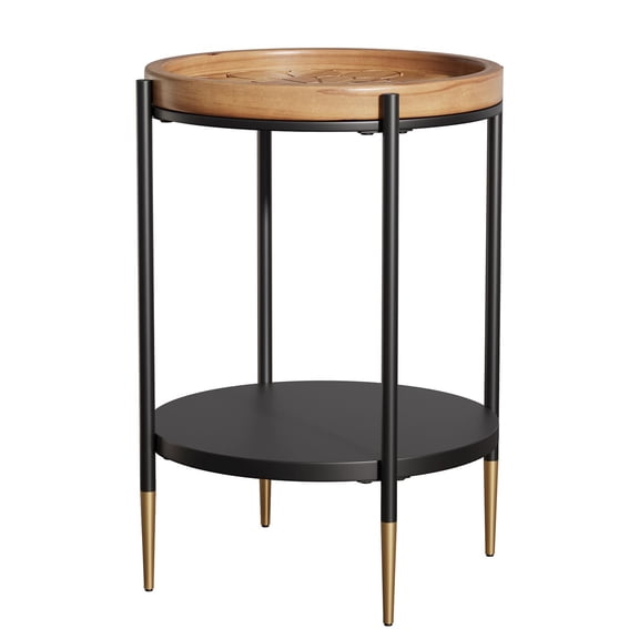 Demi Bonn 2-Tier Round End Table - Solid Wood Tabletop   Metal Frame, Industrial Vintage Style, Dual-Level Storage & Display, for Living Room/Bedroom, Rustic Brown & Black