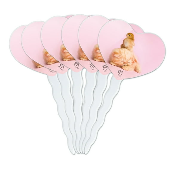 Persian Kitten Cat and Chicken Chick Heart Love Cupcake Picks Toppers Decoration Set of 6