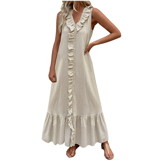 Tumotour Robes d'Été pour Femmes Robe Maxi en Lin Fluide Ligne A Col en V Sans Manches Robe d'Été à Volants Boho pour Plage Décontractée Sortie Fête Rendez-Vous