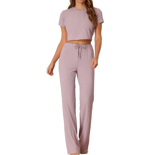 Conjunto de salón de dos piezas Allegra K Rosa empolvado ajustado manga corta Top corto de punto pantalón de pierna ancha holgado XS