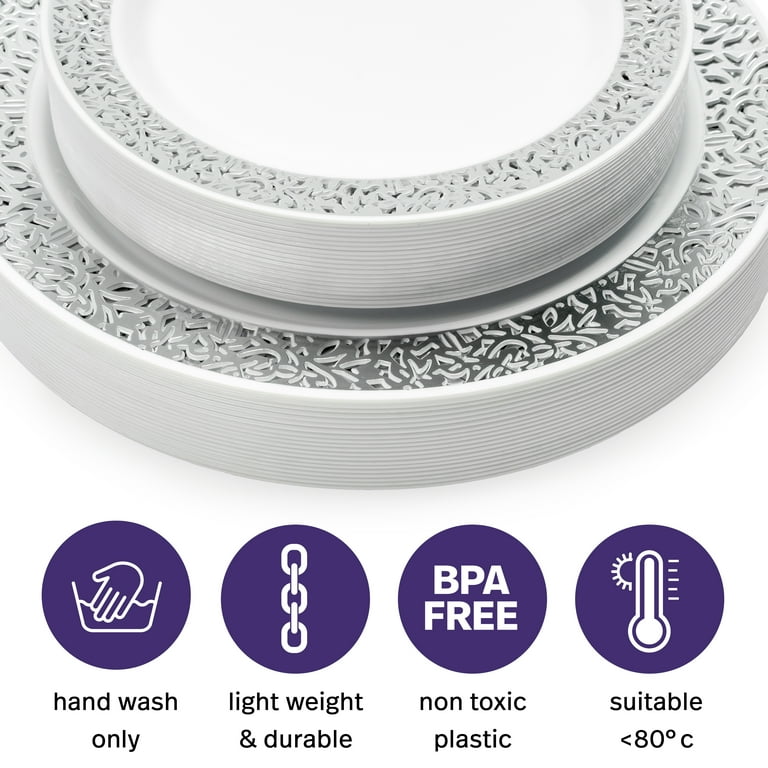 MATANA 40 Premium Sliver Plastic Plates with White Silver Lace