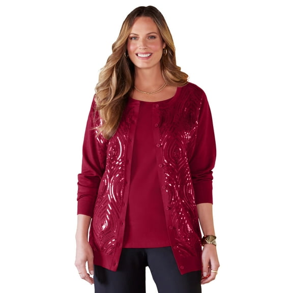 Catherines Women's Plus Size Sequin Jewel-Neck Cardigan