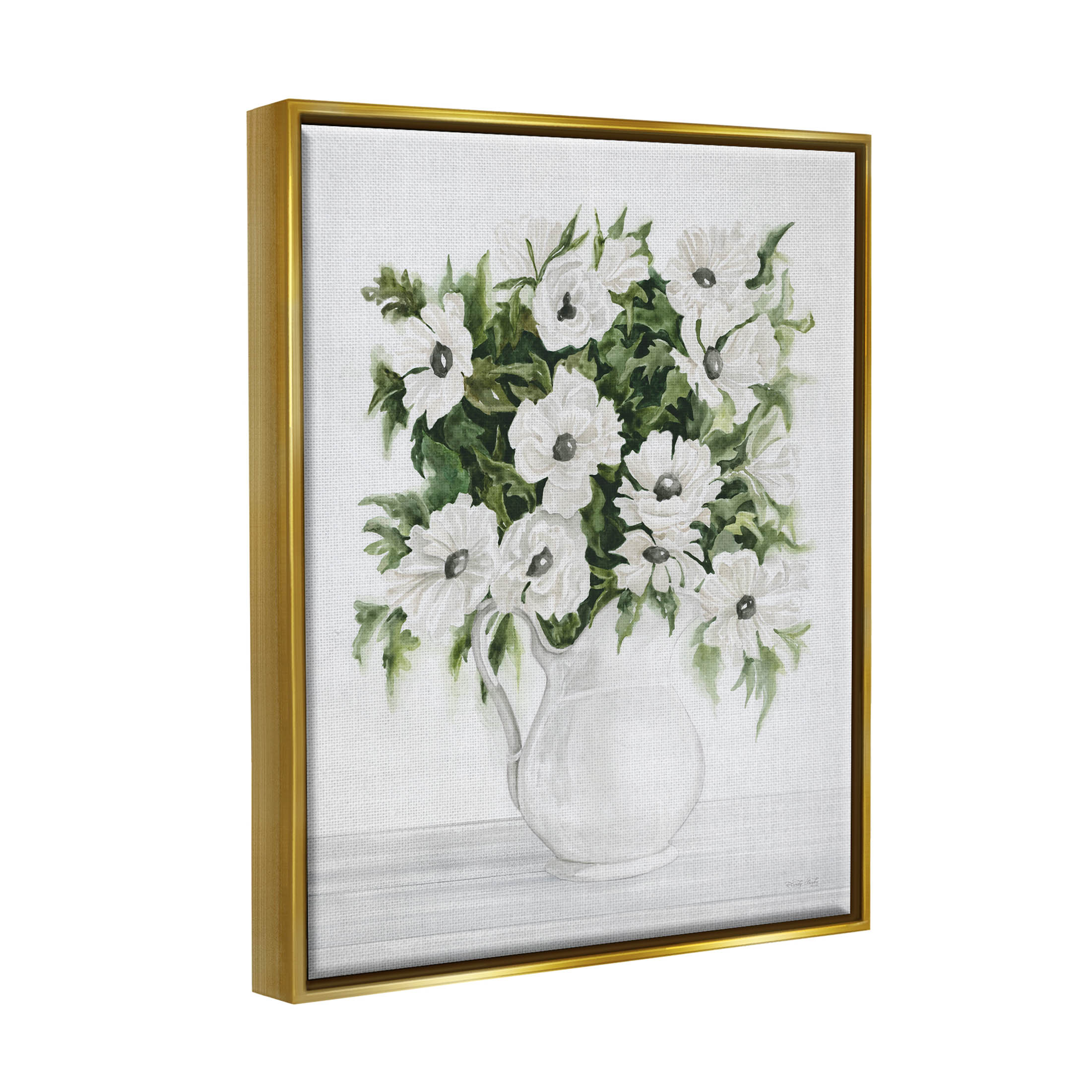 Stupell Industries Blooming White Flowers Still Life Vase Painting Metallic Gold Floating Framed Canvas Print Wall Art, Design by Cindy Jacobs