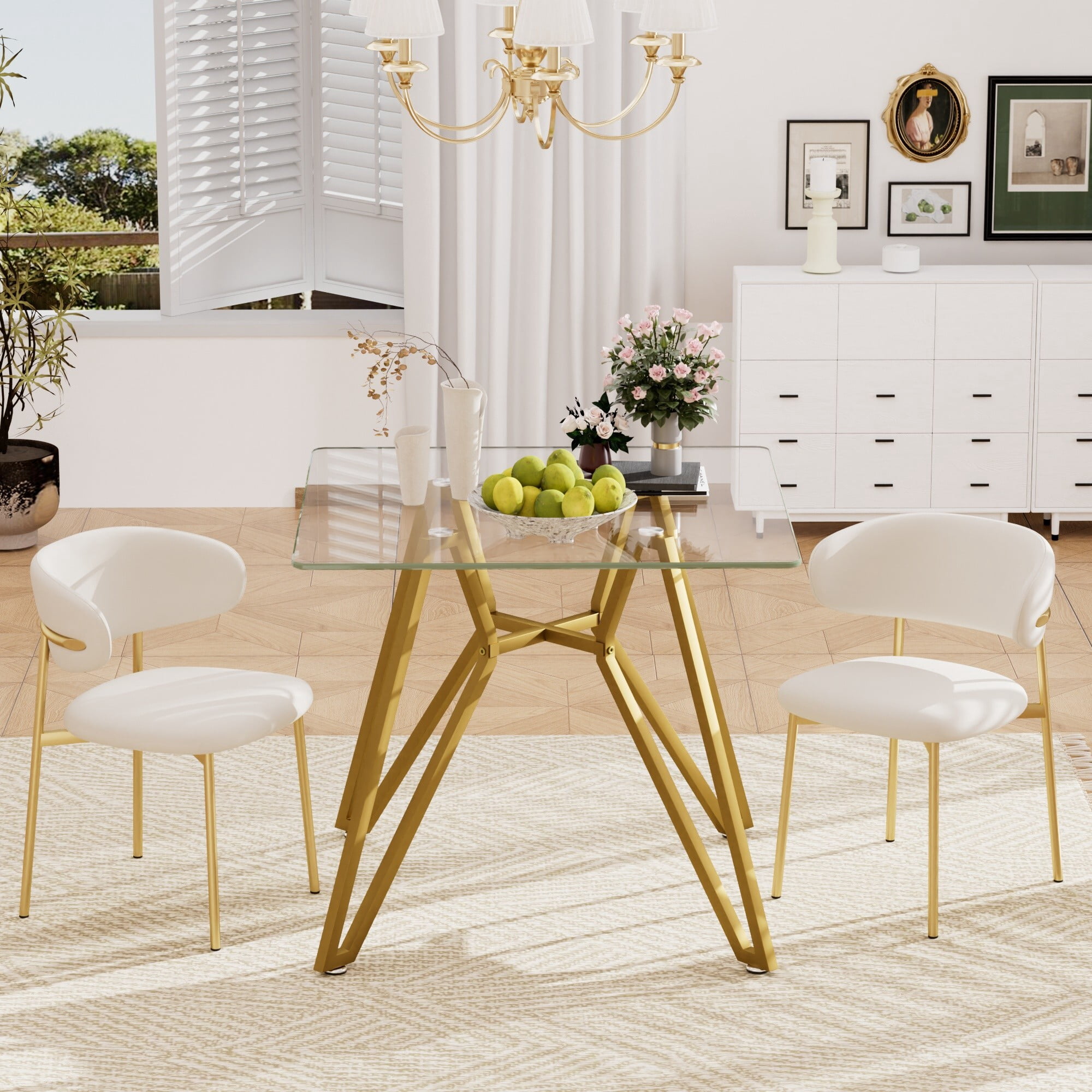 AENKYO 35.4'' Modern Glass Dining Table, Square Tempered Glass Top with Metal Legs, Small Kitchen Table for Home, Gold