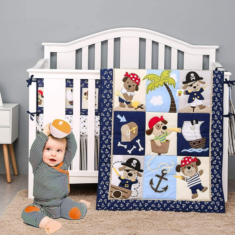 Baby Crib Bedding Sets for Boys 4 Piece Blue Nursery Set Nautical Anchor Palm Dog Pirate Theme Walmart