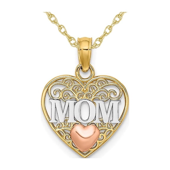 Gem & Harmony Mom Heart Pendant Necklace in 14K Yellow Gold with Chain for Women
