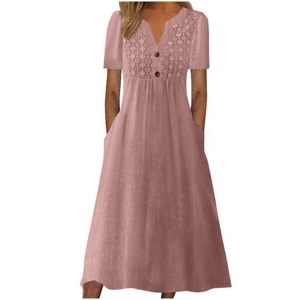 Vestido largo boho de manga corta con cuello en V y bolsillos para mujer: vestido de playa de poliéster con estampado floral para el verano
