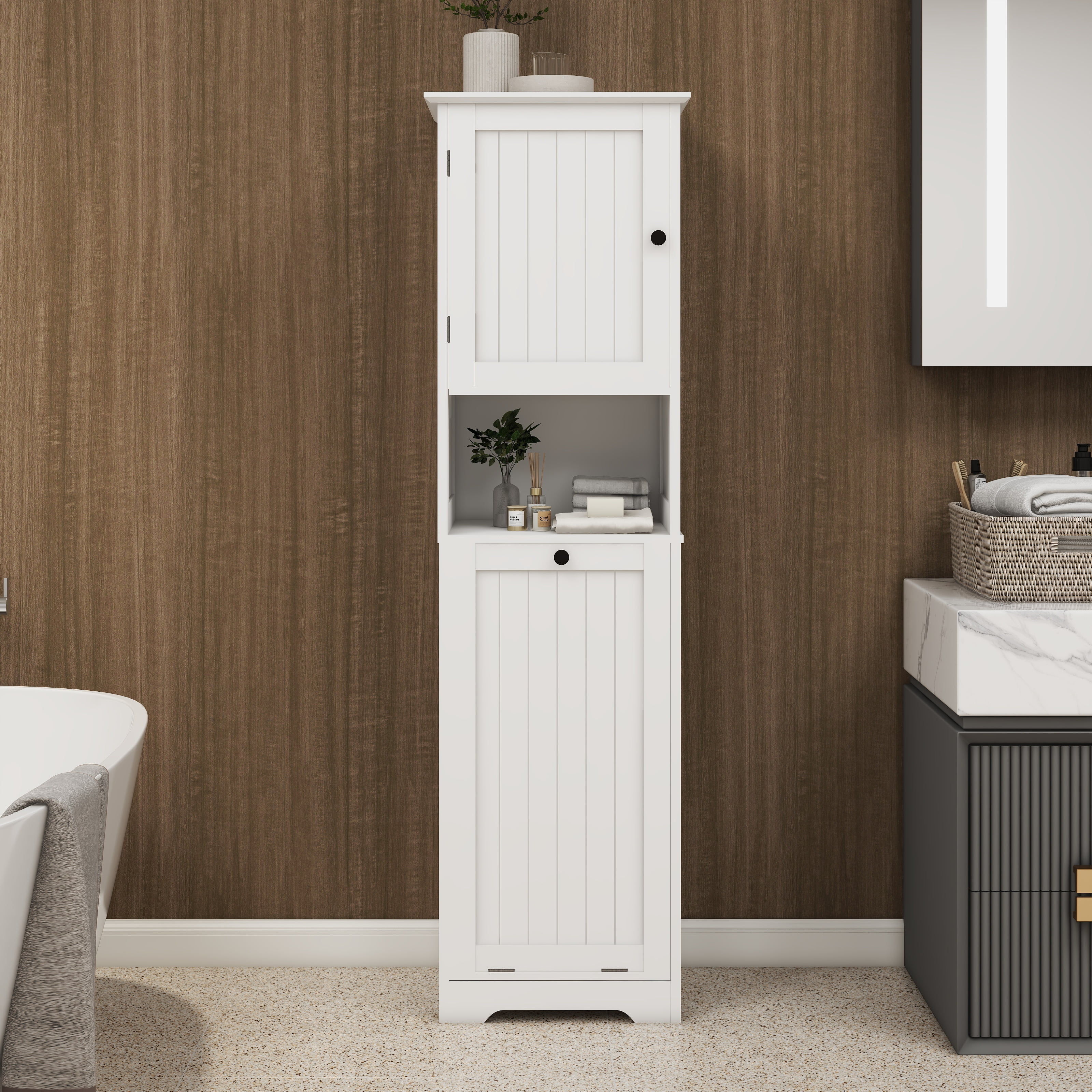 Mintazer Slim Tall Bathroom Storage Cabinet with Open Shelf, Freestanding Narrow Linen Tower with Tilt-Out Laundry Hamper for Bathroom Laundry Room Balcony, White