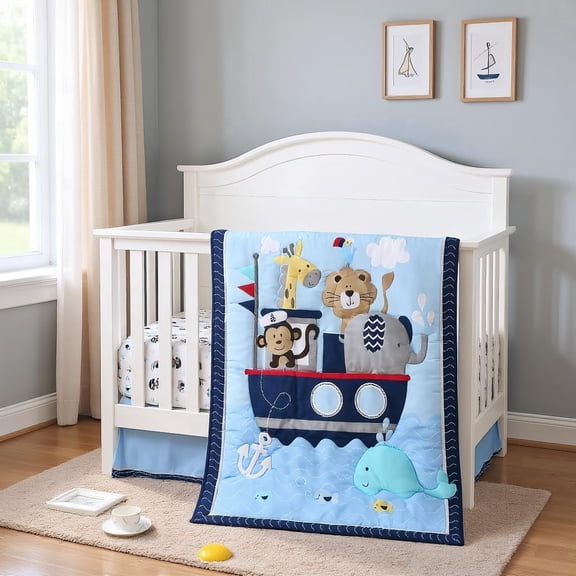 Sweet baba 3 PCS Blue Ocean Animals Baby Crib Bedding Set for Boys - Newborn, Infant & Toddler Nursery Cot Bed Set