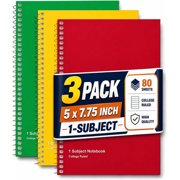 1InTheOffice 1-Subject Wirebound Notebook, College Ruled, 80 Sheets, Spiral Notebook 5x7, 7 3/4" x 5", (3 Pack)