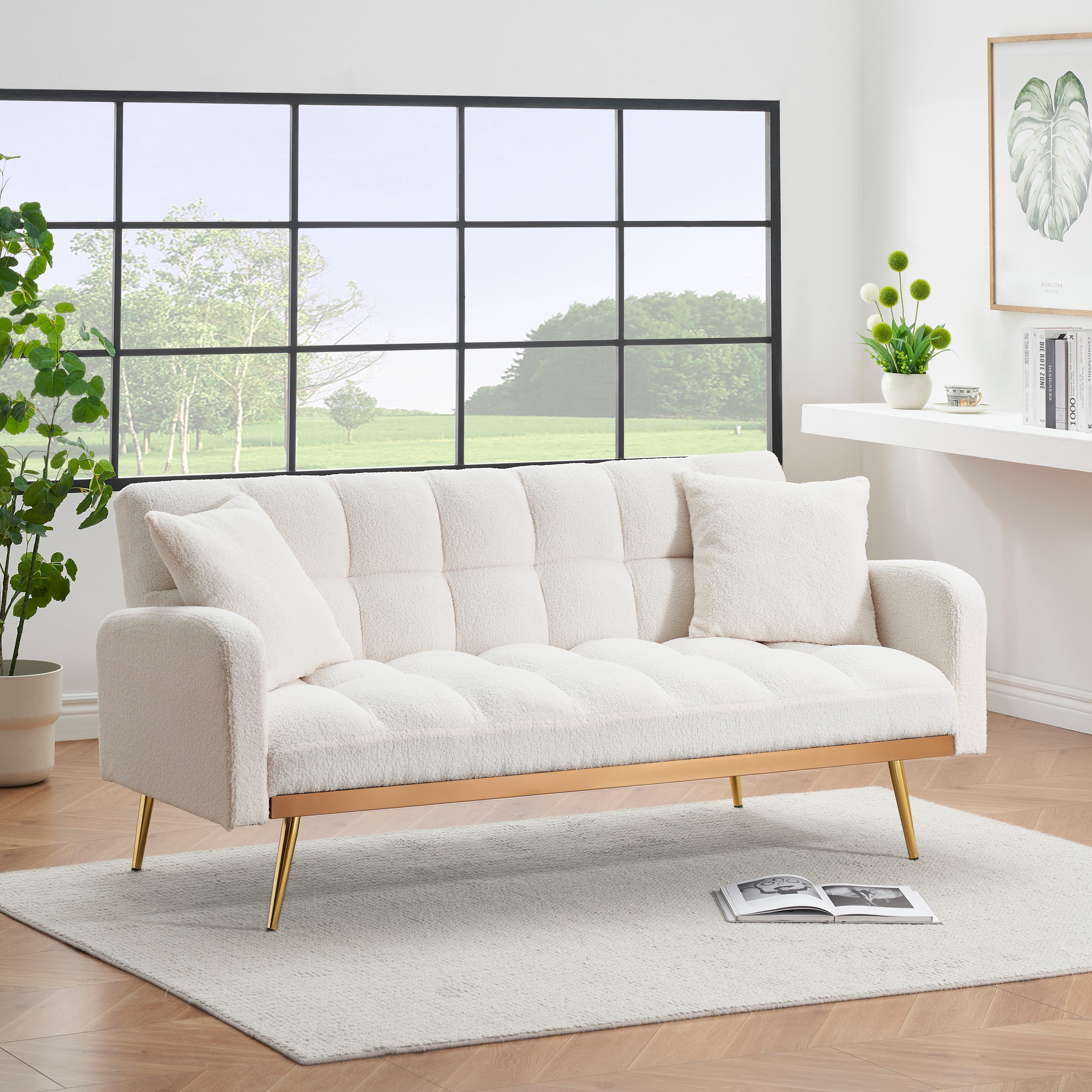 69 inch Futon Sofa Bed Teddy Fleece Convertible Couch Bed with 2 throw pillows Adjustable Sofa for Apartment Small Space,Beige