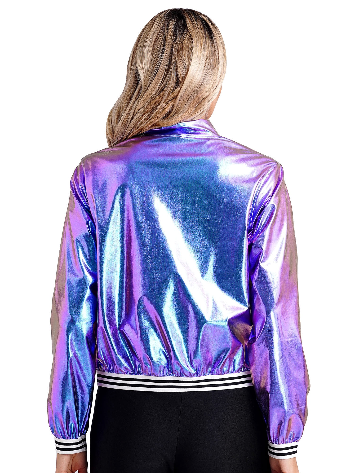 CHICTRY Womens Shiny Metallic Bomber Jacket Holographic Long Sleeve Zipper Front Coat Blue XXL