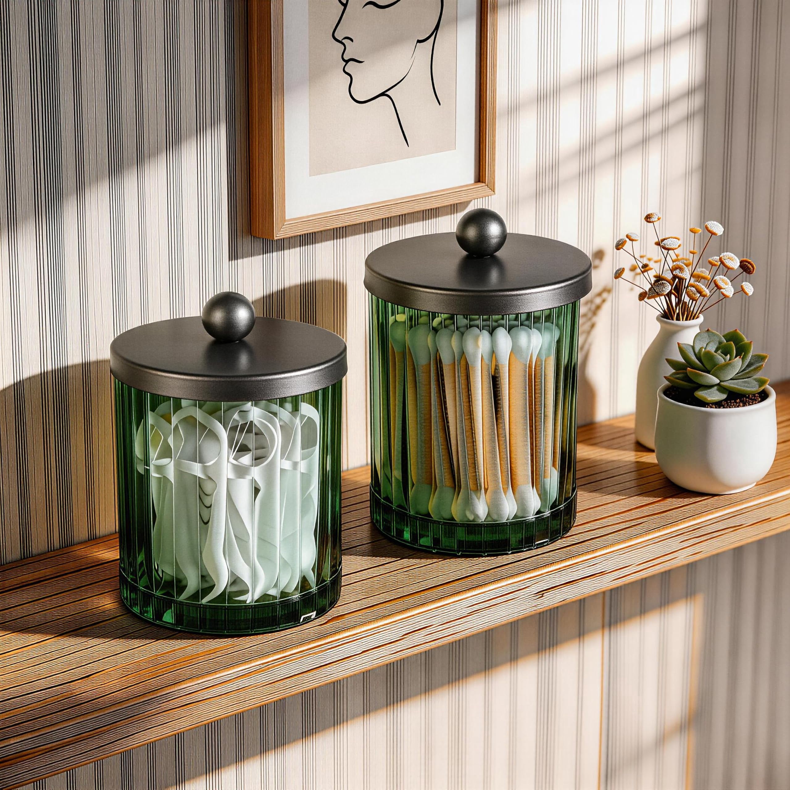 Sage Green Glass Apothecary Jar, Qtip Holder Dispenser for Cotton Swabs, Balls, Makeup Pads, Floss Picks, Bathroom Essential Accessories, Countertop Canister Storage Organizer (Black, 2 Pack)