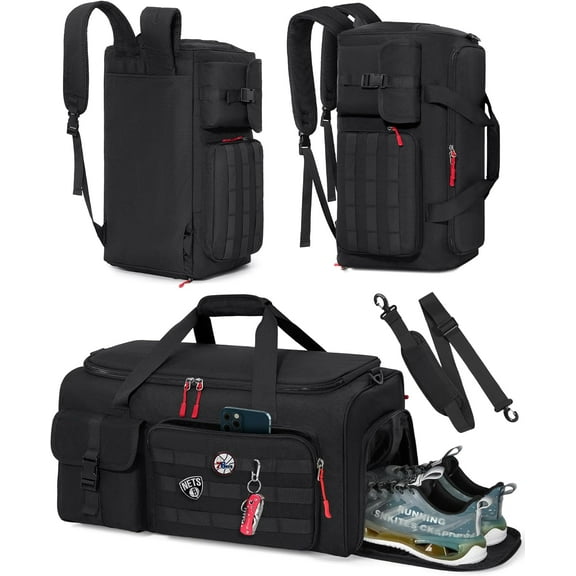 Gym Bag for Men, 45L Sports Travel Duffel Bag with Shoe & Laptop Compartment, Gym Workout Backpack Carry On Weekender Bag Overnight Backpack for Travel, Black