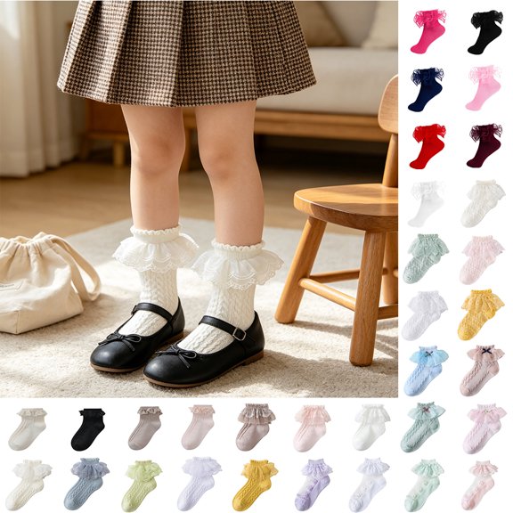 Girls Ruffle Lace Crew Socks, Soft Cotton Frilly Turn‑Cuff Dress Socks for Toddler Little Girls 1‑12 Years, Princess Pageant Wedding Church Back‑to‑School Daily Dress Outfit