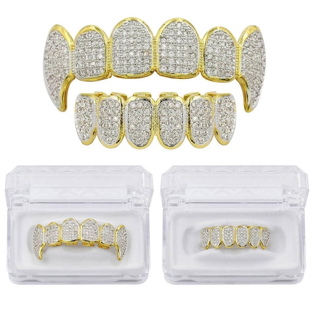 18K chapado en oro cristal 3A circón inferior personalizado parrillas conjunto boca dientes parrilla Hugo Dientes de la boca Grills tapas