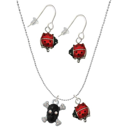Delight Jewelry Silvertone Small Black Resin Skull with AB Crystals Red Lucky Ladybug Necklace and Dangle Earrings Set Delight Jewelry Silvertone Small Black Resin Skull with AB Crystals Red Lucky Ladybug Necklace and Dangle Earrings Set