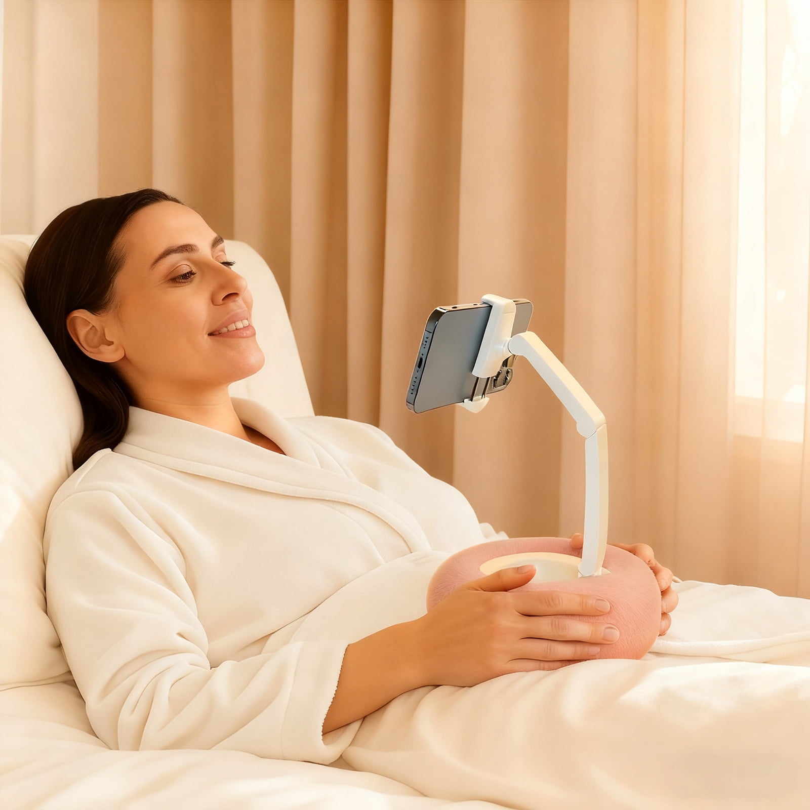 Rotatable Adjustable Bed Phone Stand With Plush Pillow Mount Double Joint Arm For Eye Levels Viewing Neck Strain Relief