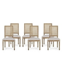 GDF Studio Brownell French Country Wood and Cane Upholstered Dining Chairs, Set of 6, Light Gray and Natural