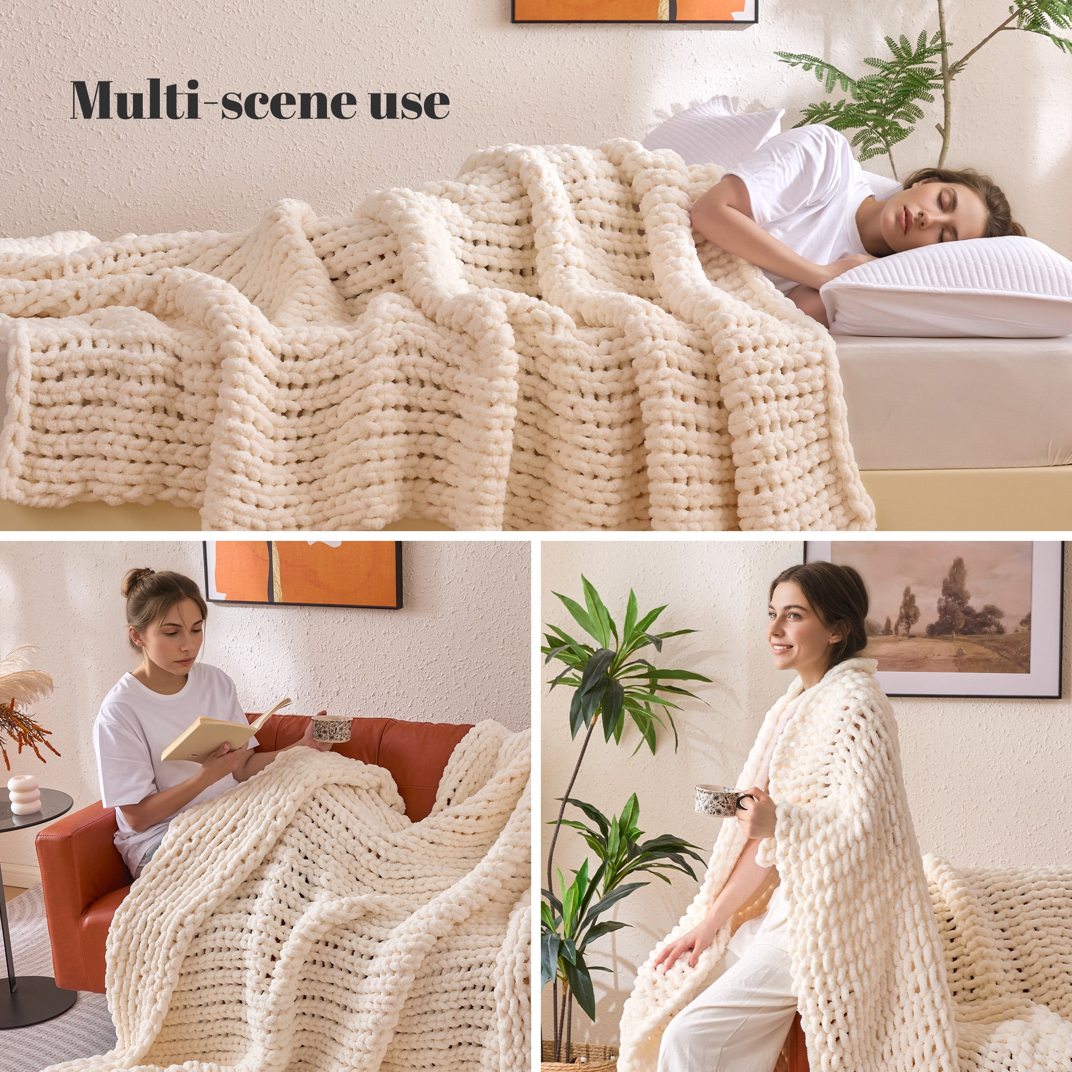 Sonive Ivory Throw Blanket, Chunky Velvet Knit Warm Soft Handmade Circular Throw Blankets for Couch Bed Sofa, 80" × 90"