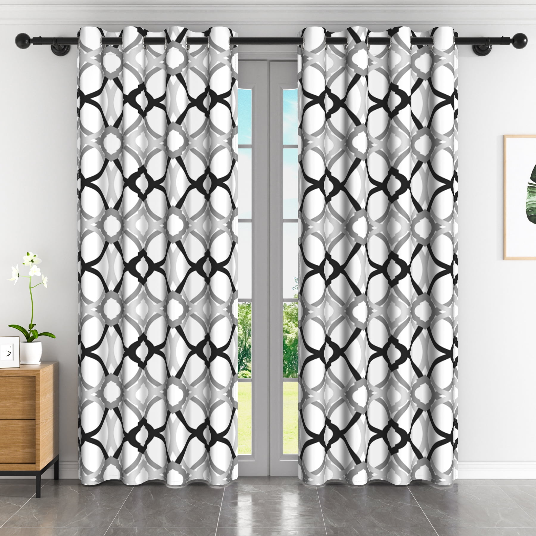 Lfeey Blackout Curtains Geometric Modern Grommet Curtains, Room Darkening Privacy Drapes, Black and Gray, 42x63 Inches, 2 Panels
