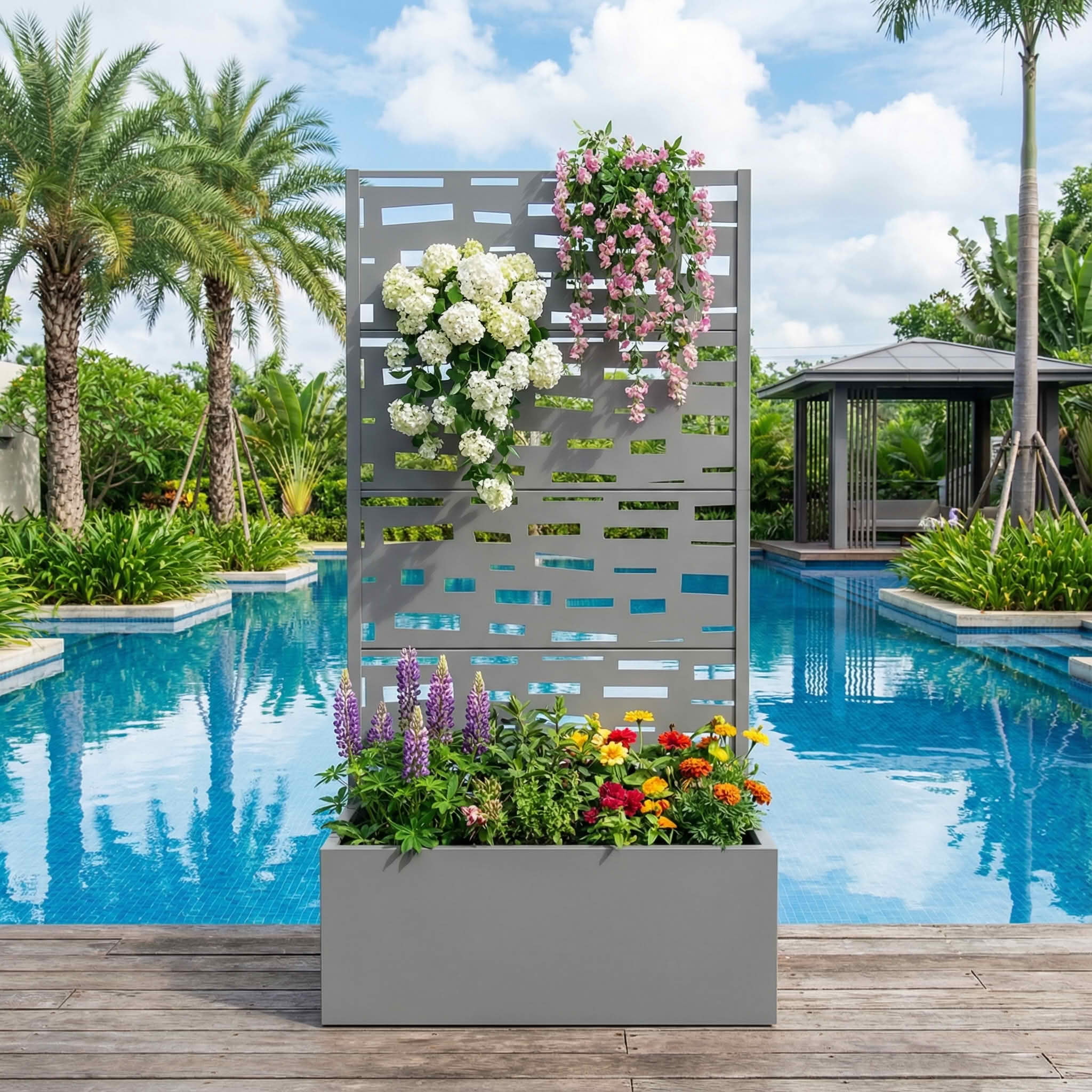 MAYEERTY 59X30" Metal Outdoor Gray Privacy Screen with Planter Box for Backyard & Garden, 4 Piece Set