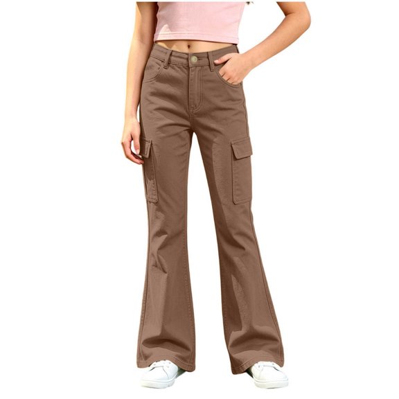 HCBY Girls' Pants, Flare Leg Cargo Pockets High Waist Stretchy Comfortable Slimming Soft for School Fall Daily 8 Colors